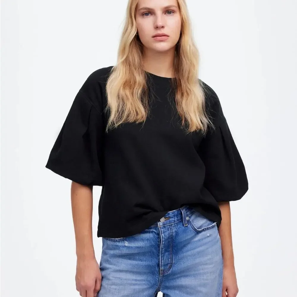 Madewell Puff-Sleeve Sweatshirt Tee Blue Size XXS oversized - Picture 2 of 9
